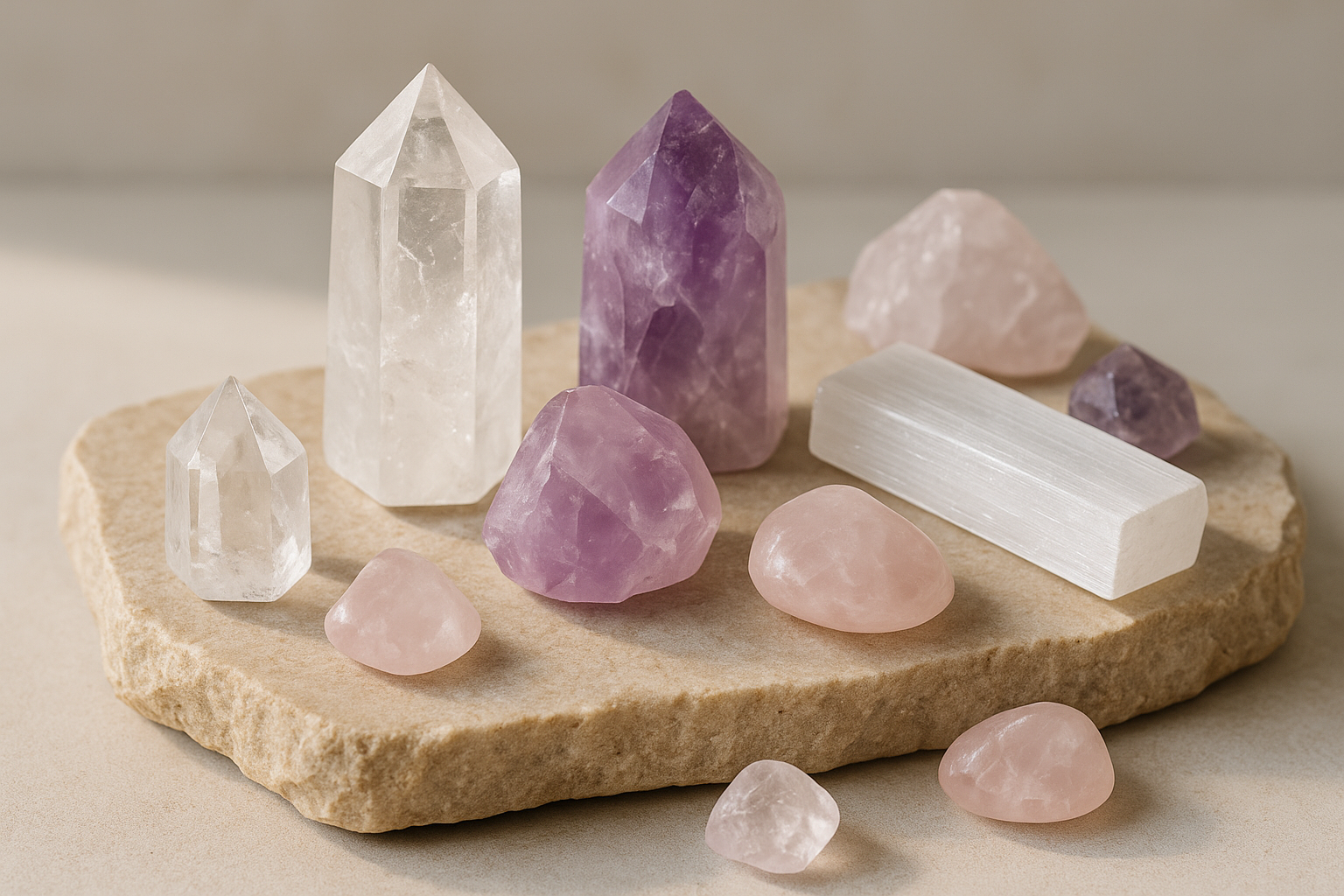 please zoom in on crystals as a display on a tray or stone stop